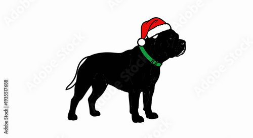 Black dog wearing a red Santa hat and green collar