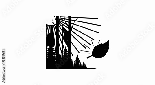 Silhouette of trees and a falling leaf under bright sunrays