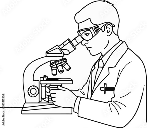 Scientist in protective goggles peers through a microscope, working in a lab