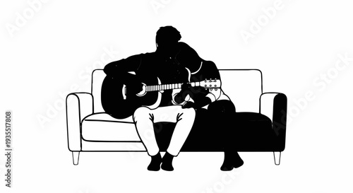 Couple silhouettes on sofa playing guitar