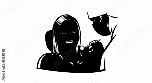 Dentist examining a smiling woman's teeth with a mirror and tool