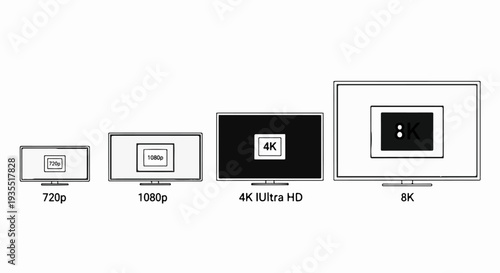 Four televisions display increasing resolutions 720p, 1080p, 4K Ultra HD, and 8K