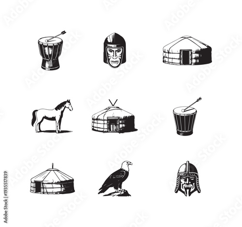 Traditional nomadic dwelling yurt horse helmet drum and eagle icons black and white silhouette art