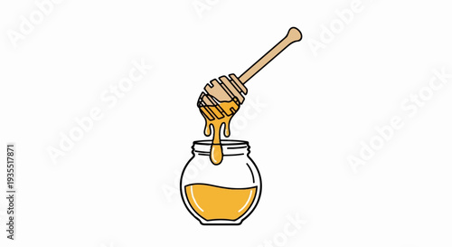 Honey dripping from a dipper into a round glass jar