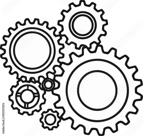 Interlocking gears of various sizes, forming a mechanical assembly