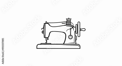 Line art of a vintage sewing machine with a spool of thread on top