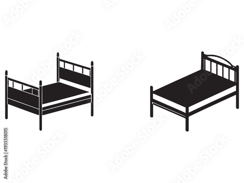 Black and white illustration of two simple beds with metal frames