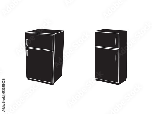Black and white illustration of two small refrigerators with freezer on top and single door at bottom  side by side comparison  kitchen appliances