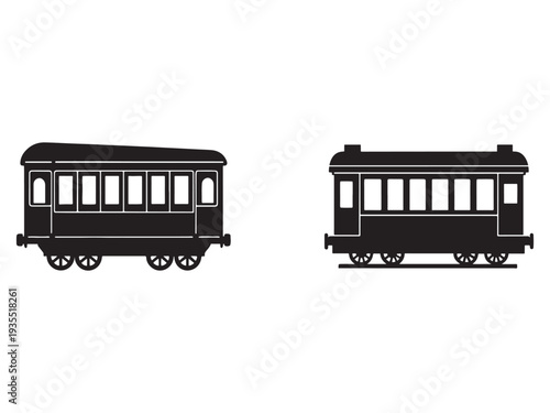 Black and white illustration of two vintage tram cars with white windows on a plain background  old train carriages  transportation icons