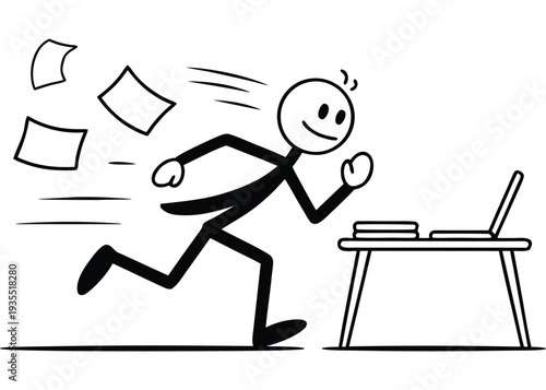 Cartoon Businessman Running from Office Desk with Flying Papers isolated on transparent background