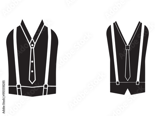 Black and white illustrations of mens suspenders and tie outfits  formal wear  business attire