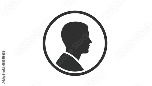 Black silhouette of a man's head in a circular frame on a white background with a simple, monochromatic design.