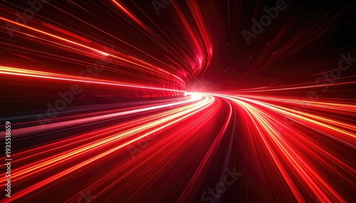 Abstract visualization of intense red light trails moving rapidly through a dark, curved space.