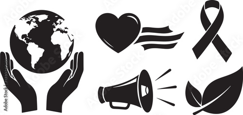 Environmental awareness and activism symbols in black and white