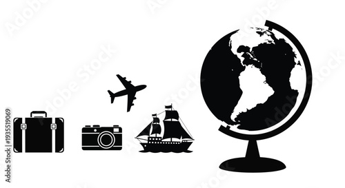 Travel icons including a globe airplane ship suitcase and camera