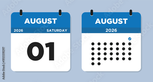 August 1 2026 (Saturday) Calendar page Vector Illustration. 1 August calendar page. Day calendar with date August 1. Checklist day calendar. Modern Calendar template icon. Week Starts on Sunday.