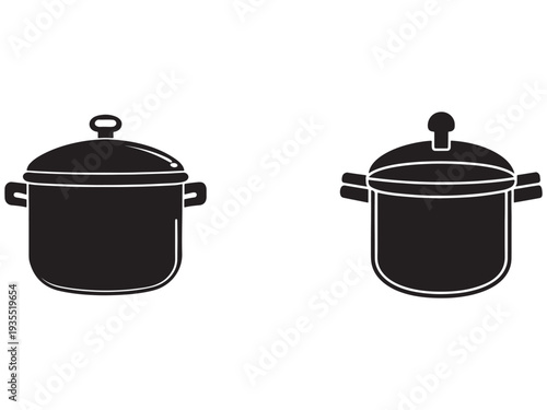 Black and white silhouettes of two covered cooking pots with handles on a white background for kitchen and cooking concepts