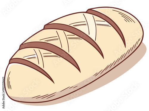 A simple cartoon illustration of a loaf of bread, oval-shaped with a light brown crust and darker scoring marks on top, giving it a warm, artisan-style look.