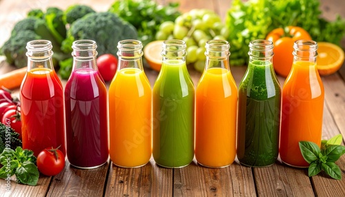 木製テーブルの上に赤・紫・黄・緑・オレンジのカラフルな野菜ジュースのガラスボトルを一列に並べた正面写真