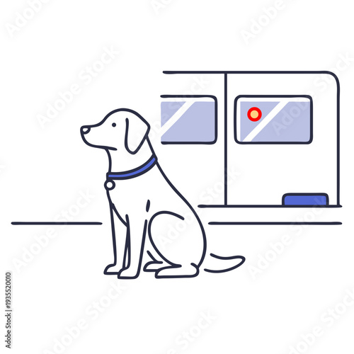 Dog waiting at train station with train in the background  
