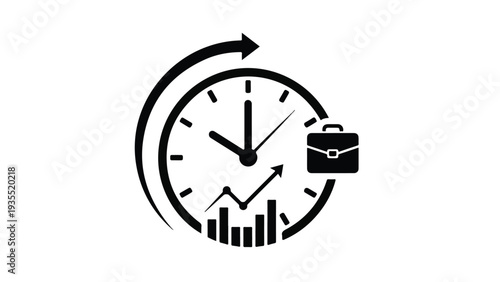 A black and white graphic illustration of a clock with a briefcase and graphs, symbolizing business productivity and time management on a plain white background.