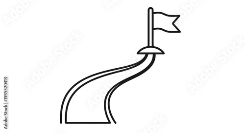 Black and white line drawing of a golf hole with a flag and curving path