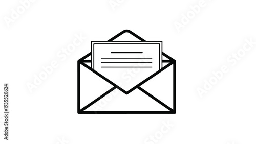 A simple line drawing of an open envelope with a letter inside on a white background.