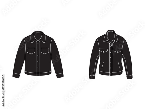 Black denim shirts with white outlines and buttons on white background  isolated illustrations