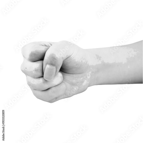 Clenched fist hand gesture in halftone style. Monochrome dotted vector illustration symbolizing strength, power, protest, resistance and determination isolated on white background.