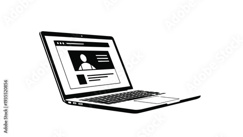 A black and white illustration of an open laptop displaying a profile page on its screen against a plain white background.