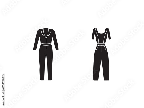 Black jumpsuits with white trim front and back views  womens clothing  fashion design
