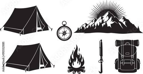 Camping icons and symbols for outdoor adventure travel
