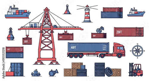 Shipping Port Cargo Transportation Logistics Industry Elements.