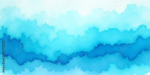 Abstract blue watercolor background featuring fluffy white cumulus clouds under a bright summer sky with a soft paper texture and ethereal light