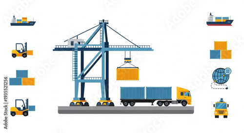 Shipping Port Crane Loading Container Truck and Ships.