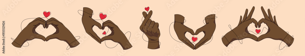 Obraz premium Set of african american hands making heart shape love gesture. Vector illustration