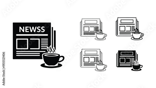 A set of black and white icons depicting computers and coffee cups with a newspaper on a plain white background.