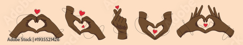 Set of african american hands making heart shape love gesture. Vector illustration