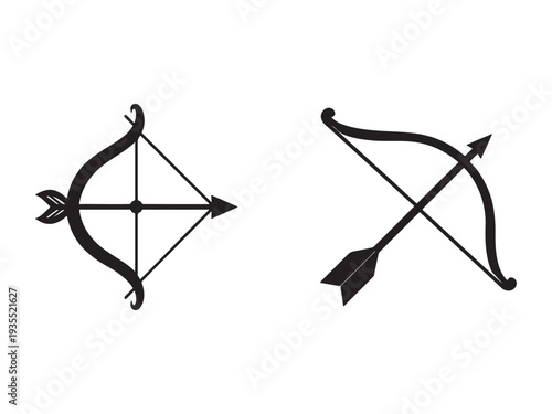 Black silhouette of two bows and arrows for hunting and target shooting sports equipment  isolated on white background