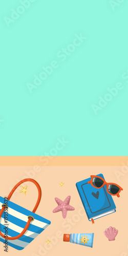 Vertical summer beach banner with flatlay objects and copy space