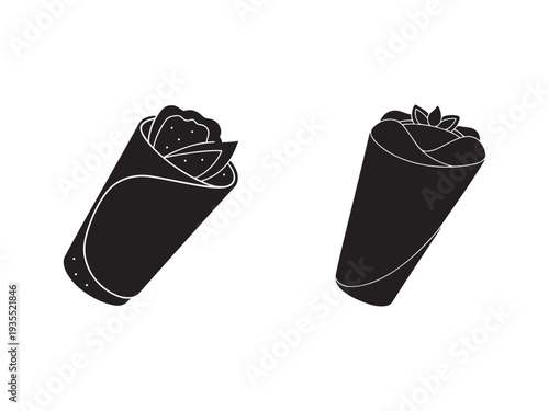 Black silhouette of two wrapped burritos or shawarma or tacos with different fillings  isolated on white background