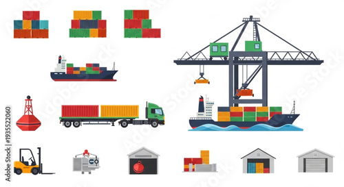 Shipping Containers Cargo Ship Crane Truck Forklift Warehouse.