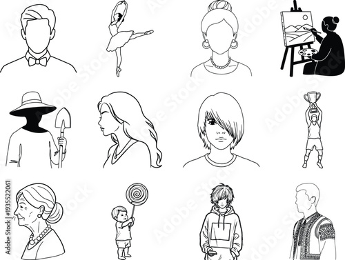 Black and white line of people in various professions and activities