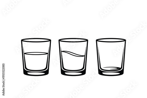 Three glasses of water with varying levels and ripples illustrating different states. Vector
