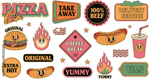 Vintage retro fast food sticker set featuring cute cartoon burger pizza hot dog and coffee characters for restaurant branding and apparel.