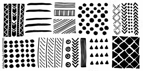 Collection of abstract black brushstrokes and geometric patterns on white