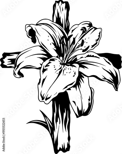 Easter Lily and Wooden Cross Design, Christian Faith Symbolism Outline Art Illustration on a transparent background