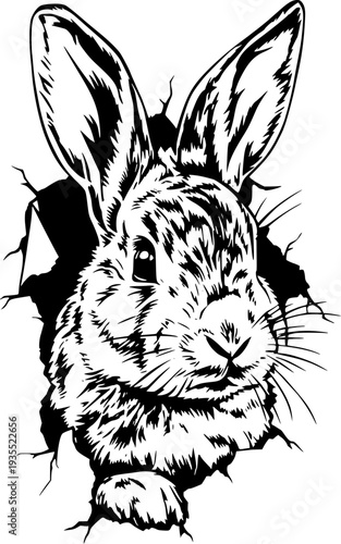 Adorable Bunny Popping Out of a Hole Line Art Illustration on a transparent background