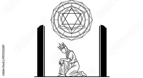 Kneeling King Under Sacred Geometry Symbol, Occult Symbolism, Mystic Ritual