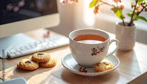 Wallpaper Mural Cup of tea and cookies on desk with computer & window, sunlight, relaxation concept Torontodigital.ca
